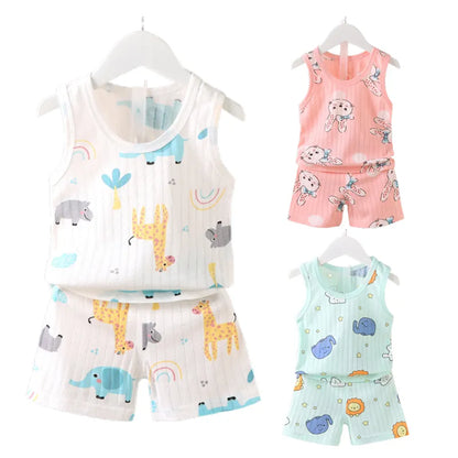 Boys and Girls Cartoon Thin Style Sleeveless Shorts Set