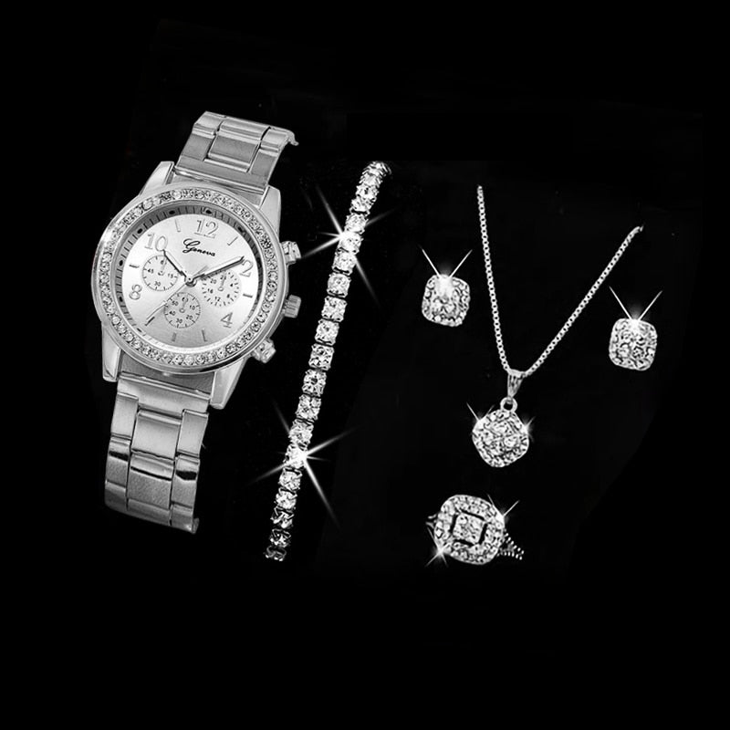 Ring, Necklace, Earrings, and Rhinestone Wristwatch