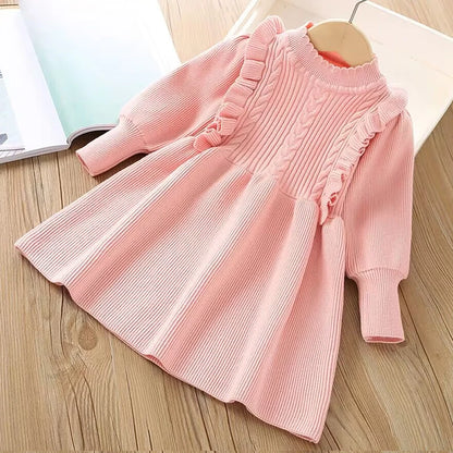 Long sleeve lotus leaf knitted wool dress