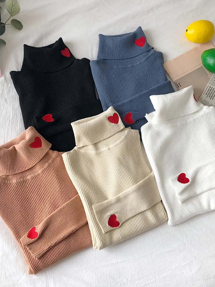 Heart Embroidery Turtleneck Sweaters