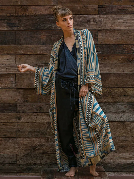 Blue Retro Printed Long Sleeve Self Belted Kimono Tunic