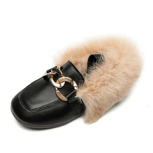 Warm Cotton Plush Fluffy Fur Kids Loafers With Metal Chain
