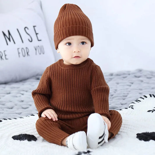 Casual Solid Knitted Sweater + Pants + Hat Suits