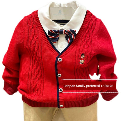 Spring Baby Fake Two Pieces Pullover Red Sweater
