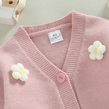 Long Sleeve V Neck Button Closure Flower Winter Warm Knit Cardigan