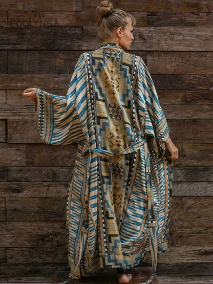 Blue Retro Printed Long Sleeve Self Belted Kimono Tunic