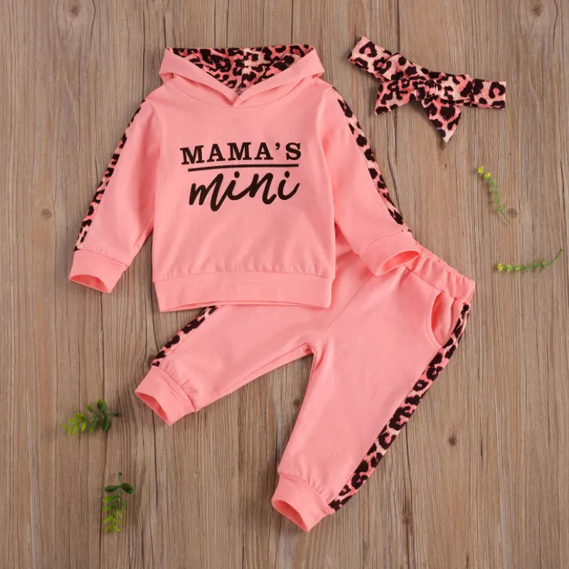 3PCS Sets Leopard Letter Hooded Sweatshirt and Pants Outfit