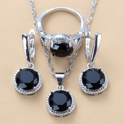 Black Zircon Dangle Earrings And Necklace Ring